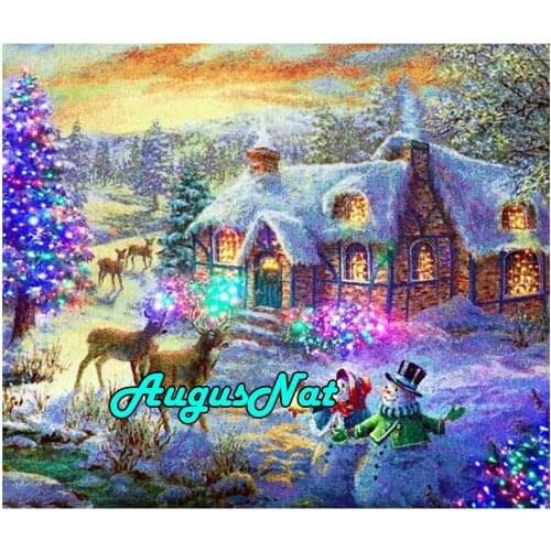 Winter cottage diamond painting full round snowman daimond embroidery picture snow village diamant mosaic sticker christmas stag