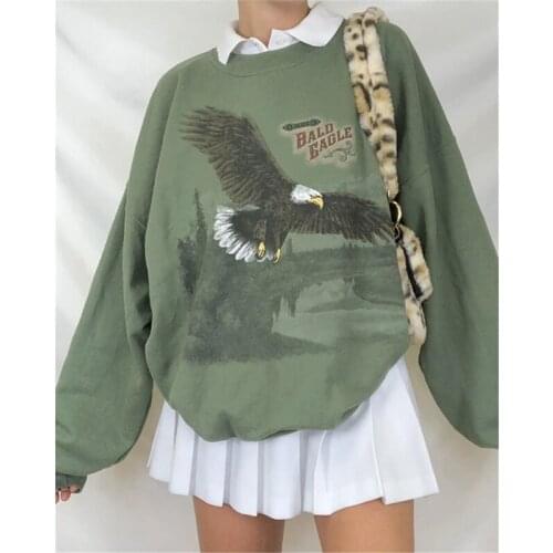 Army Green Eagle Letter Print Oversized Crewneck Sweatshirt Women Vintage Long Sleeve Pullover Fashion Tops Spring Autumn 2021