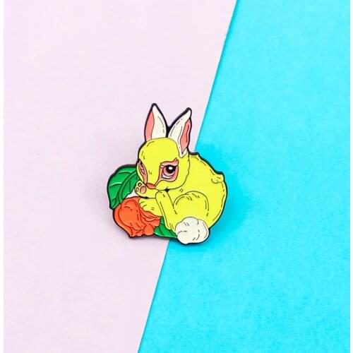 Long eared rabbit Enamel Brooch Yellow Bunny Red flowers Lapel Pin Cute animal jewelry Custom badge gift