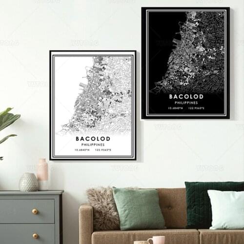 Balck and white Canvas Painting BACOLOD Poster print world city map Home Decor Wall art Pictures for Living Room framed