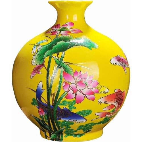 Jingdezhen Ceramics Yellow Fish Vases Chinese Living Room Flower Arrangement Decoration Craft Gifts
