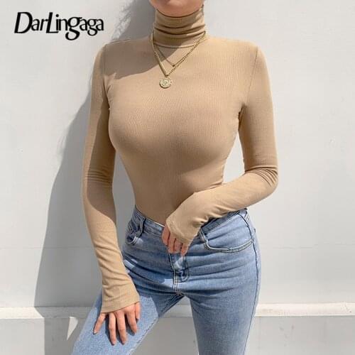 Darlingaga Turtleneck Skinny Long Sleeve Autumn Winter Bodysuit Women Solid Sheer Body Suit Ladies Casual Bodycon Bodysuits Tops