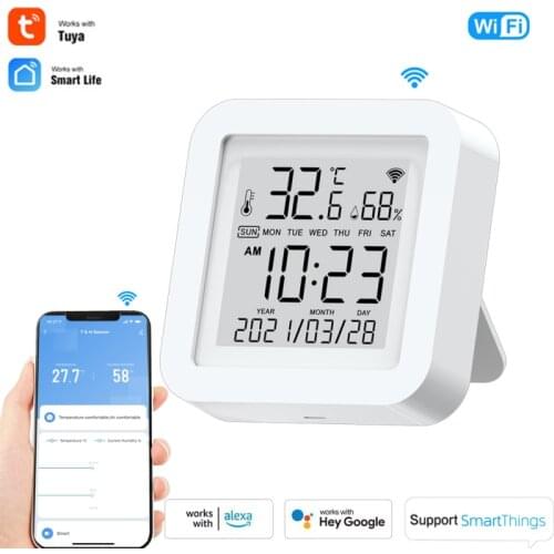 Tuya Temperature Humidity Sensor WIFI Digital Hygrometer LCD Screen With Clock and Date Support Alexa Google Assistant Dropship