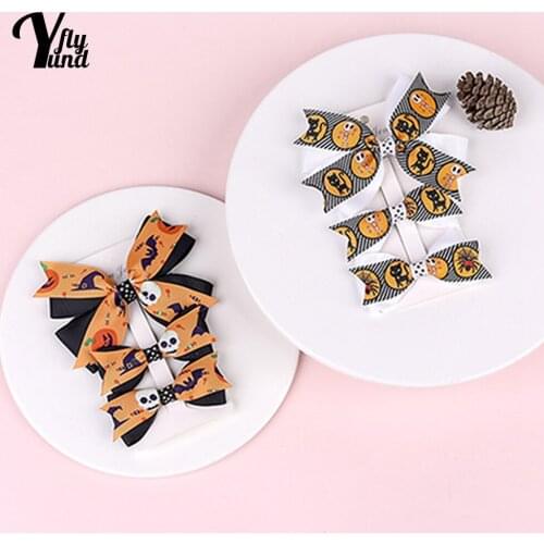 Yundfly Halloween Childrens Printed Bowknot Hairpin Three Piece Set Fashion Cartoon Pattern Bows Baby Hair Clip Infant Headwear