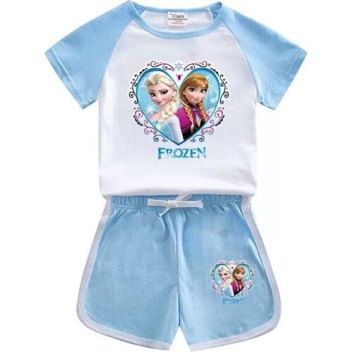 Disney Cartoon Boy Girl T-shirt With Pants Suit Princess Elsa Anna Pajama Set Cotton Summer Toddler Kids Baby Clothing