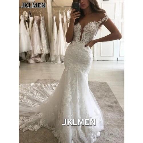 Illusion Lace Scoop Neck Mermaid Wedding Dress Sexy Beach Wedding Gown for Bridal Custom Made