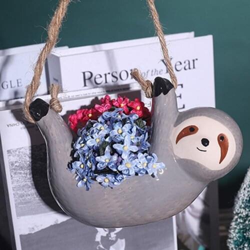 Cute Sloth Shape Rustic Charm Ceramic Flower Pot Durable Hanging Planter Pot With Jute Sling And Durable For Indoor Decoration