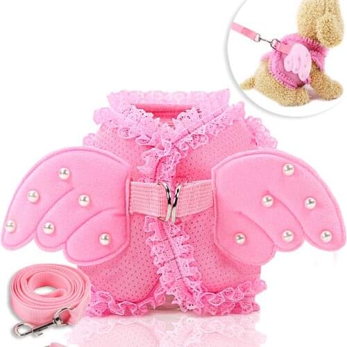 Angel Wing Pet Dog Harness and Leash Set Pink Lace Mesh Cloth Cute Puppy Pearl Vest Accessories Adjustable Breathable Leads Rope