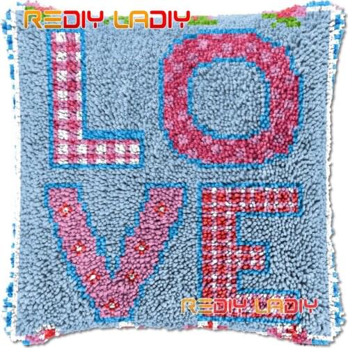 Latch Hook Cushion LOVE in Blue DIY Needlepoint Kits Chunky Acrylic Yarn Arts Crocheting Lofty Pillow Case Hobby & Crafts