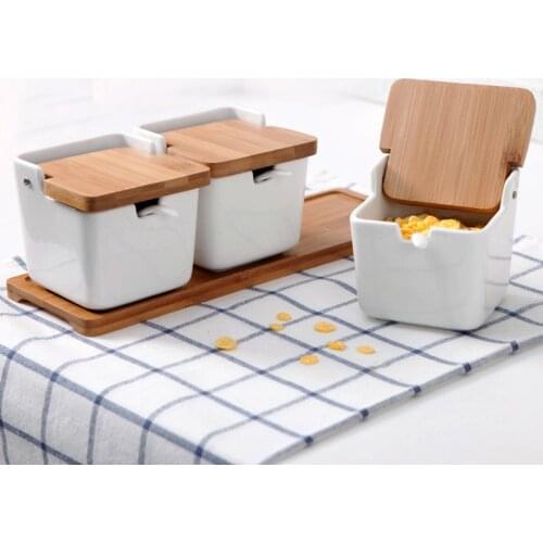 Kitchen Spice Pots Bowls With Spoon & Porcelain Box and Bamboo Cover - Storage Container Condiment Jars Ceramic Seasoning Rack