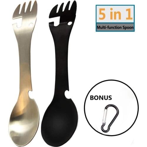 Multi-Function Fork Spoon 5 in 1 Stainless Steel Camping Utensils Can Bottle Opener Multi Flatware for Camping Hiking Travel