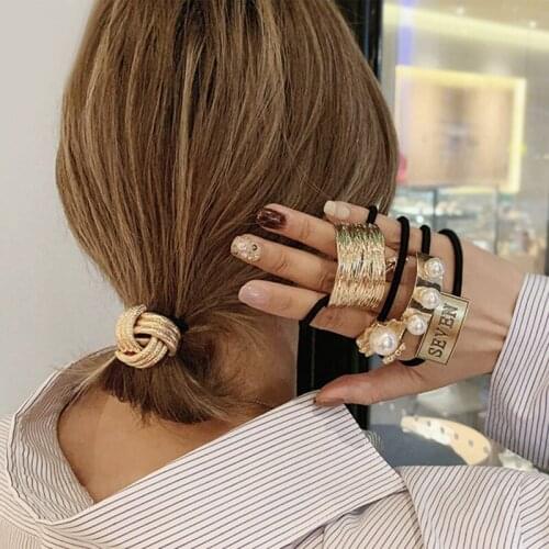 Fashion Women Gold Alloy Hair Ties For Girls Ponytail Holder Pearl Elastic Hair Ropes Bands Punk Gothic Letter Hair Accessories