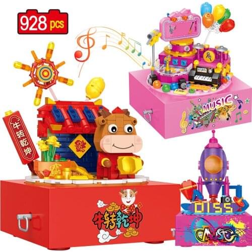 928pcs 3 IN 1 City Street View Rotation Music Box Building Blocks Friends Carnival Vocal Bricks Educational Toys For Girls Gift