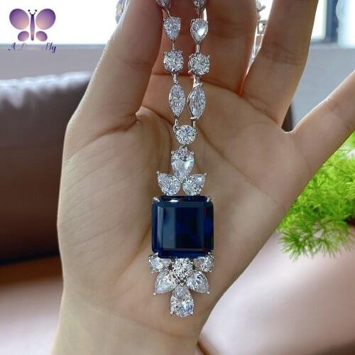 Luxury 925 Sterling Silver Tennis Necklace Female Stone Size 18x18mm Synthetic Tanzanite High Carbon Diamond Beautiful Jewelry
