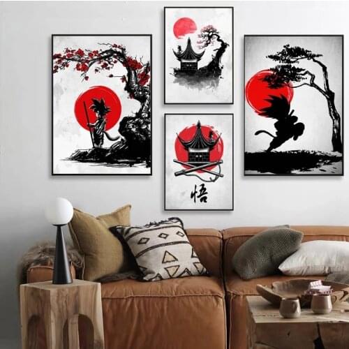 Dragon Ball Ink Red Black Goku Japanese Anime Poster Nordic Canvas Painting Printable Home Living Room Wall Picture Decor Cudros
