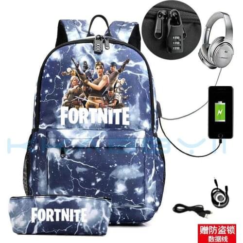 Fortnites Backpack USB Charging Port 17 inch Laptop Backpack Water Resistant Anti-theft lock Travel bag Schoolbag