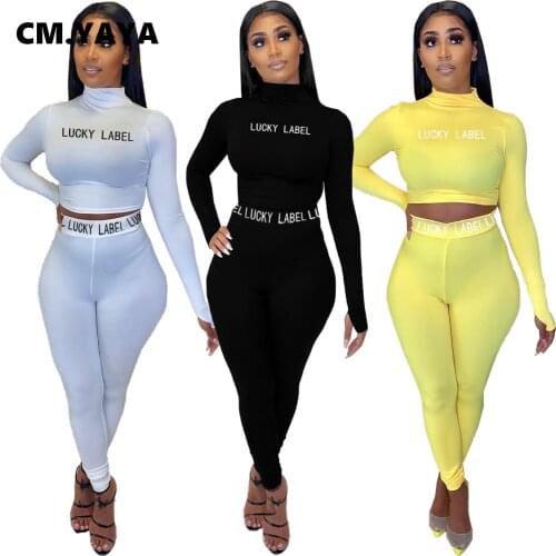 CM.YAYA Activewear Lucky Lable Sweatsuit Womens Set Turtleneck Tops Legging Pants Suit Tracksuit Two Piece Set Fitness Outfit