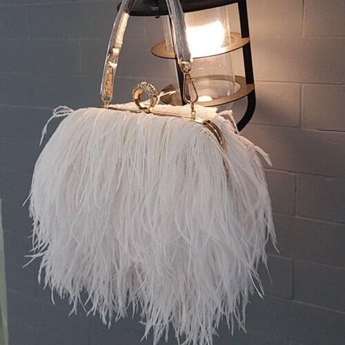 Fashion Ostrich Fuax Fur Feather Wallet Clutch Bag Ladies Diamond Knuckle Rings Dinner Party Purse