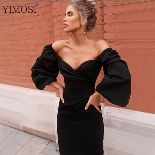Vintage High Waist Party Dresses Elegant Office Pencil Dress 2020 Sexy V Neck Off Shoulder Lantern Sleeve Bodycon Dress