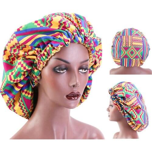Women African Floral Print Round Cap Double Layer Wide Band Sleep Makeup Bonnet Hair accessories шапочка для мелирования