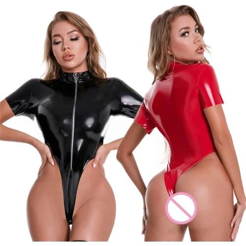 Sexy Bodysuits Women PU Leather Zipper One Piece Lingerie PVC Patent Jumpsuit Erotic Lingerie Latex Playsuit Clubwear Catsuit