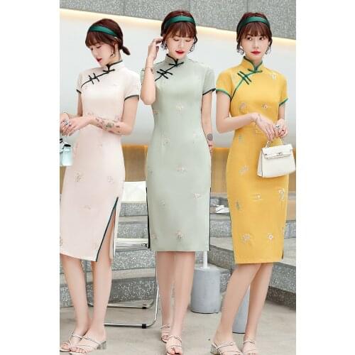 Spring and Summer New Improved Cotton and Linen Embroidered National Style Dress Womens Long Slim Cheongsam