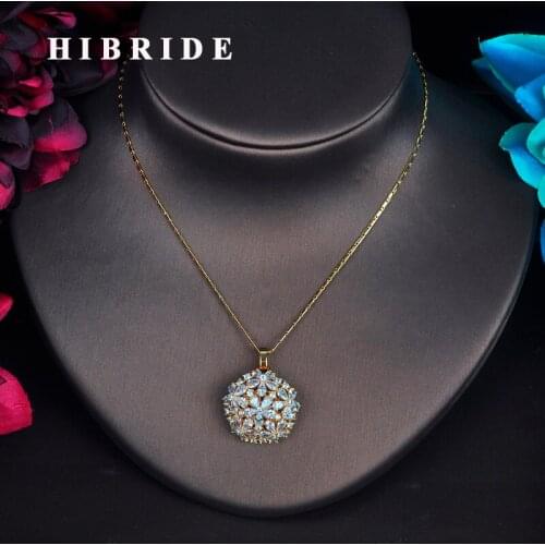 HIBRIDE New Design Flower Shape AAA Cubic Zircon Necklace Fashion Gold Color Jewely With Long Chain For Women Femme Gift N-507