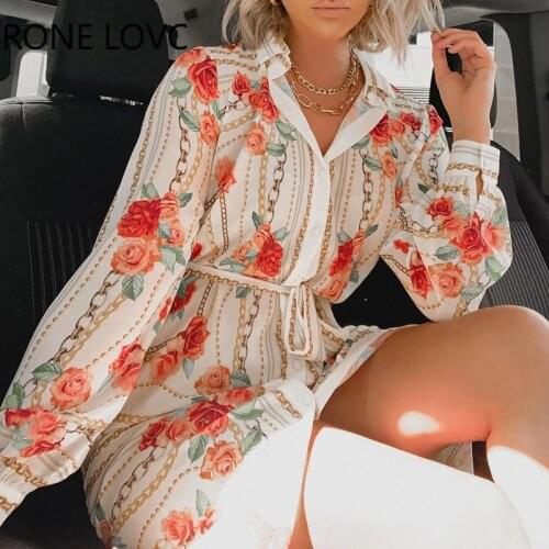 Women Casual All Over Print button Long Puff Sleeve Sashes Slit Dress