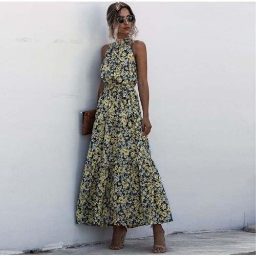 Vintage Floral Print Maxi Dress Women Stand Neck Sexy Sleeveless Elegant Party Dresses Summer Plus Size Casual Evening Dress