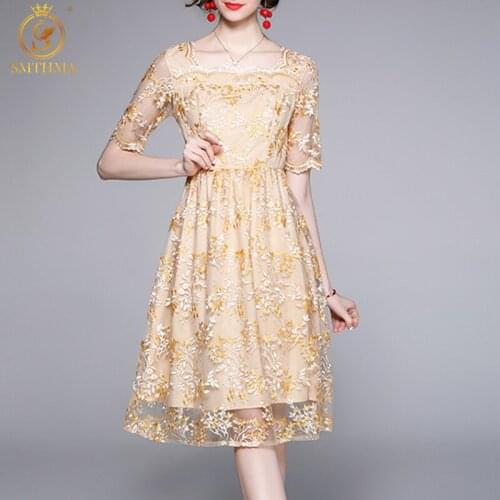 2021 New Arrival Womens Summer Vintage Party Dresses Fashion Square Collar Mesh Embroidery Short sleeve Floral Slim Dress
