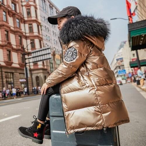Winter Thicken Warm Children Girls Down Jacket Faux Fur Hooded Kids Outerwear Coats Glossy Waterproof Kids Snowsuit 4-13T