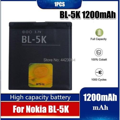 1pc 3.7V 1200MAh Rechargeable Lithium BL-5K BL 5K BL5K Mobile Phone Battery For Nokia N85 N86 8MP N87 2610S 701 Oro X7 C7-00