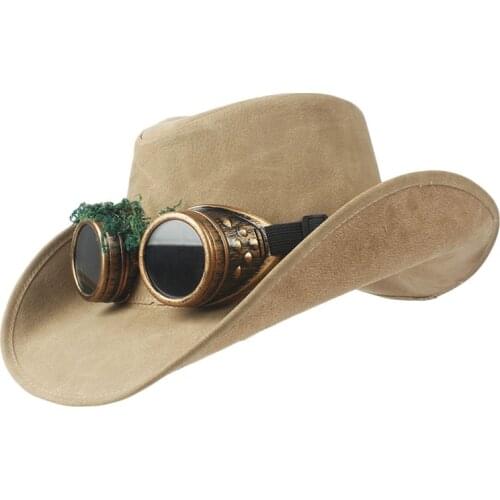 100% Leather Men Western Cowboy Hat For Gentleman Dad Fedora Sombrero Hombre Caps Size 58-59CM With Punk Glasses