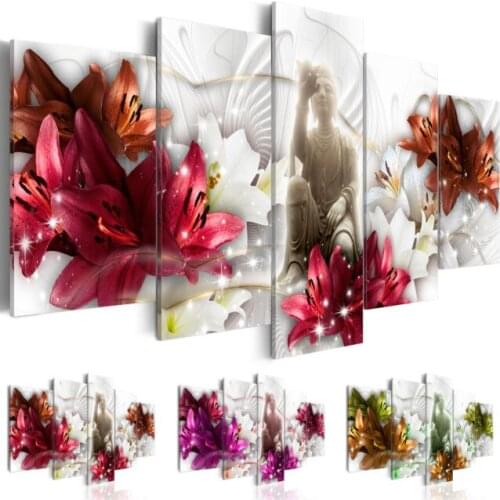 2019 Fashion Wall Art Canvas Painting 5 Pieces Red Purple Orange Diamond Lilies Flower Buddha Modern Home Decoration