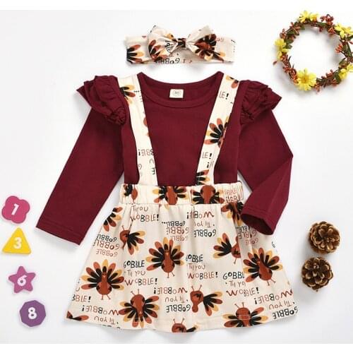 2020 TALLOLY Kids Thanksgiving Turkey Strap Skirt Autumn Long Sleeve T-shirt + Headwear Girls Set