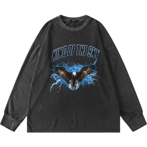 2021 Preppy Style Eagle Print Rero Wash Men Hip Hop Pullover Sweatshirts Long Sleeve Tshirts Vintage Clothes For Teens Moleton