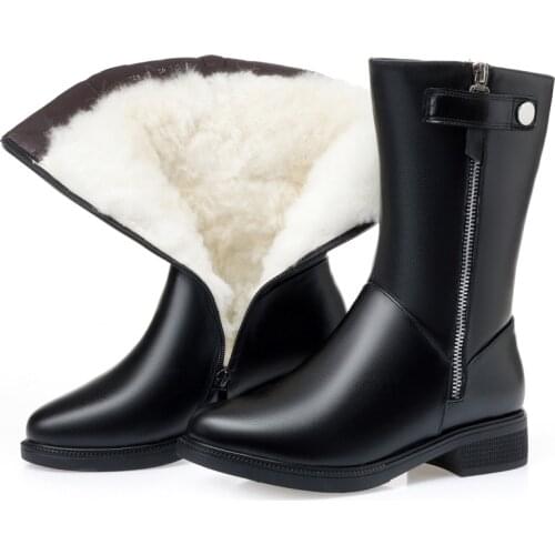 202 High Quality Microfiber And Cowhide Boots Winter Warm Shoes Martin Mid-tube Boots One Fur Wool Boot Womens Boots Large Size