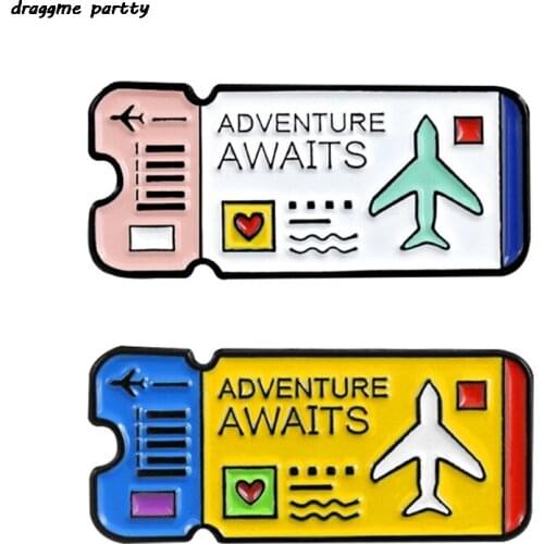 Cartoon Air Ticket Pink Yellow Brooch Adventure AWAITS Children Cute Pins Shirt Jackets Lapel Enamel Badge Pilot Friend Gifts