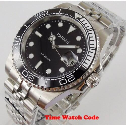 PARNIS 40mm SUB Automatic Mens Wristwatch Black Dial Sapphire glass Jubilee bracelet Date window ceramic bezel magniifer
