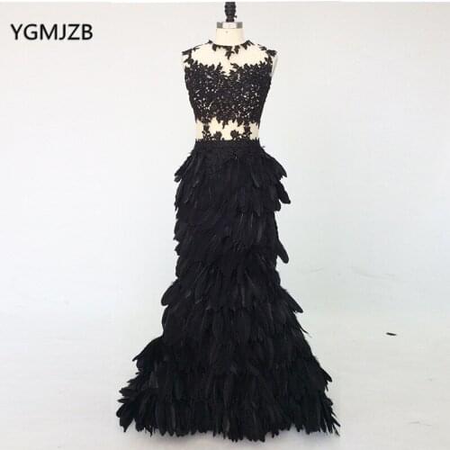 Luxury Balck Feathers Evening Dress Long 2020 Mermaid Lace Sexy See Through Women Formal Dress Party Evening Gowns Prom Dress