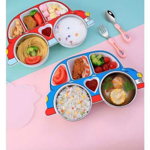 Childrens Car Dinner Plate Seperated Cartoon Stainless Steel Dining Snack Catcher Home Drop-Resistant Cute Tableware