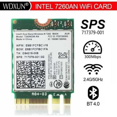 Intel Dual Band Wireless-N 7260NGWAN 7260NGW 7260AN SPS 717379-001 300Mbps BT 4.0 NGFF M.2 wifi wireless Card for Elite Book