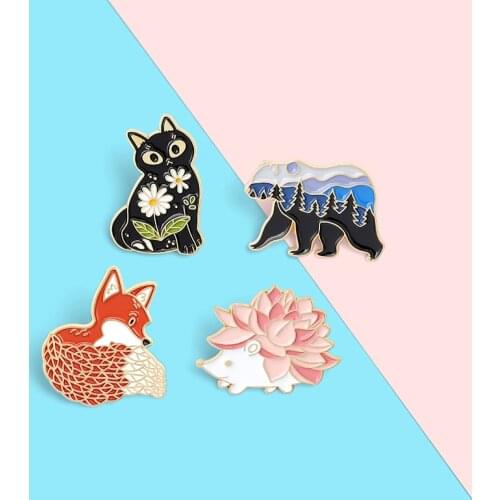 Landscape Flower Tattoo Animals Enamel Pin Hedgehog Fox Bear Cat Lapel Badges Cartoon Pins Gifts for Friends Jewelry Wholesale
