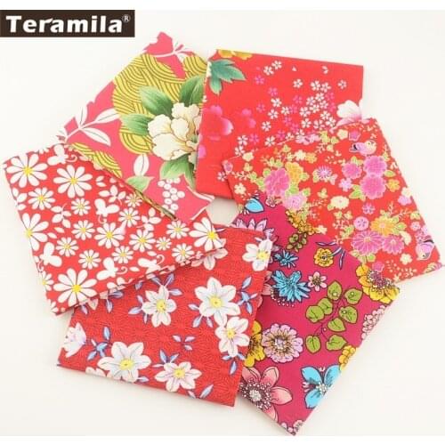 Teramila Cotton Poplin Fabrics 6PCS/lot Mix Sewing Chinese Red Flower Pre-cut Cloth Fat Quarter Meter Bundle Dress Quilting
