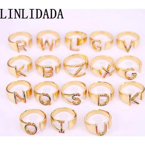 10Pcs New Fashion rainbow cz micro pave letter ring,multicolor cubic zirconia inlay adjustable ring,beautiful jewelry