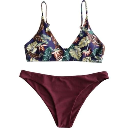 Leaves Print Bikinis Set Women Swimwear Casual Female Bathing Suit Push Up Bra Solid Bottoms Sexy Beachwear for Women