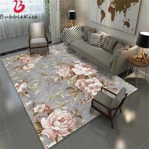 Bubble Kiss Carpets For Living Room European Pastoral Style Rugs Home Bedroom Decoration Pink Gray Flower Non-Slip Floor Rugs