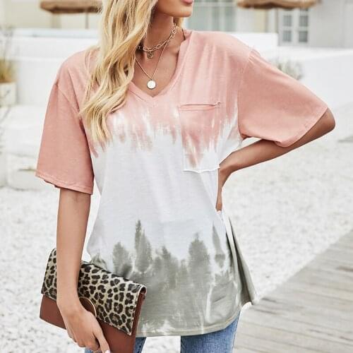Summer Women V-neck Three Color Gradient Tie Dye Short Sleeve Fake Pocket T Shirt Ladies Office Commute Casual Loose Tops