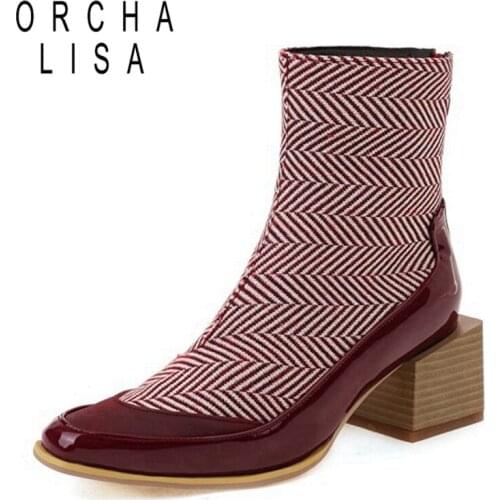 ORCHALISA 2021 Designer Gothic Black Ankle Boots for Women Mortorcycle Pointed Toe Square Mid Heel Zipper Blue White 48 S2447