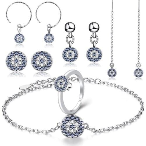 Fashion Silver Color Wedding Jewelry set Blue Crystal Eye Drop Earrings Necklaces Set for Women Statement Choker Sets Jewelry